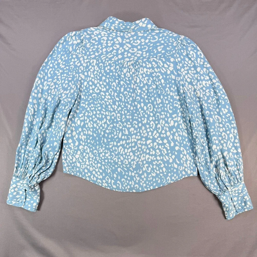 ZARA Womens XS Blue White Animal Print Long Sleeve Button Down Blouse Top Retro